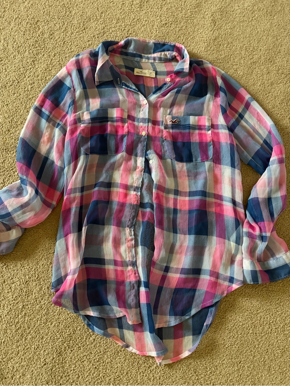Hollister Pink, Blue & White Plaid Button-Down Shirt